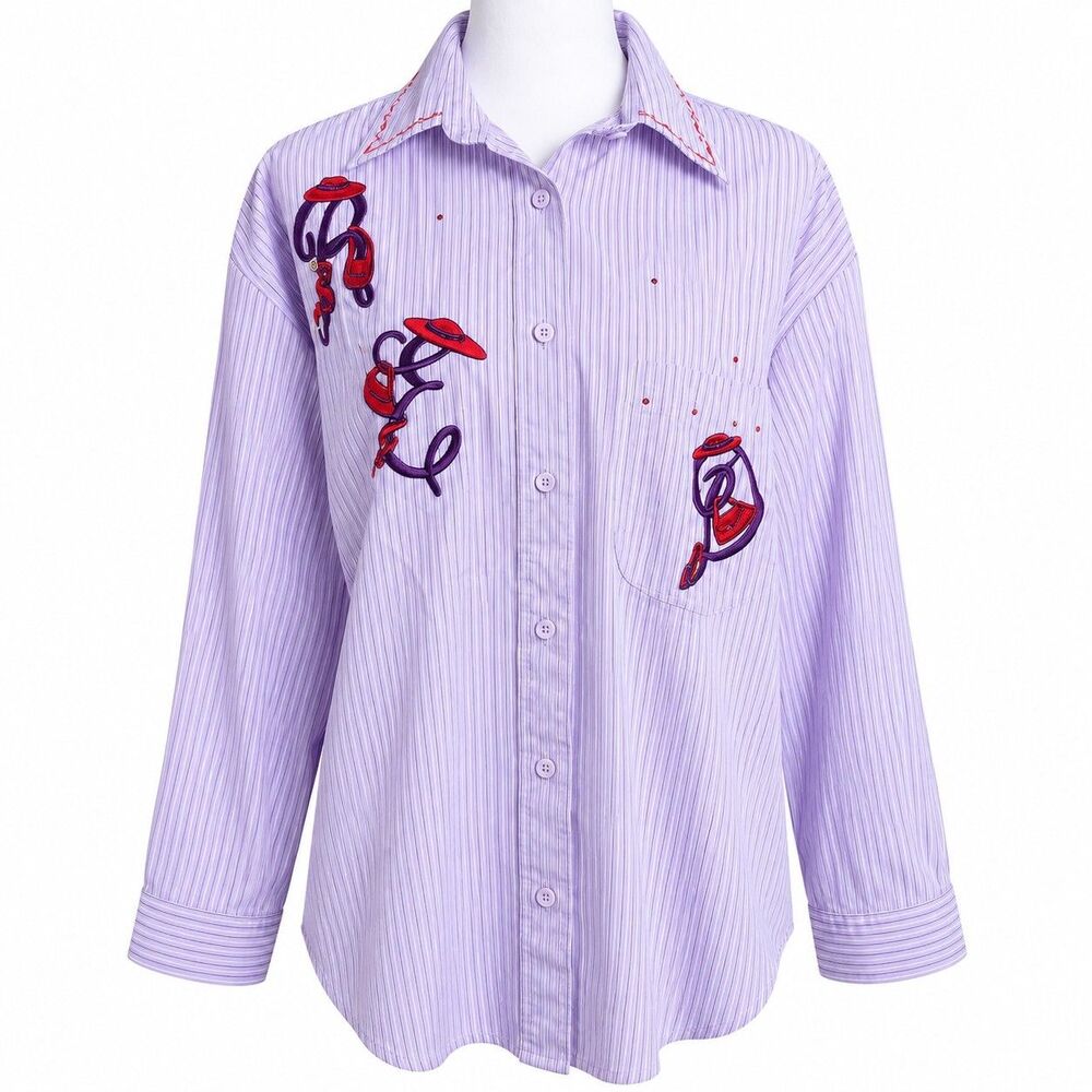 Vintage Red Hat Society Purple Pinstripe Embroidered Button Down Shirt Large